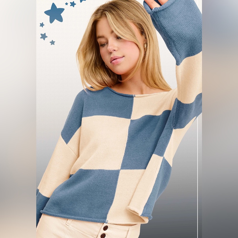 Checkered Sweater Loose Fit Rolled Hem Sweater